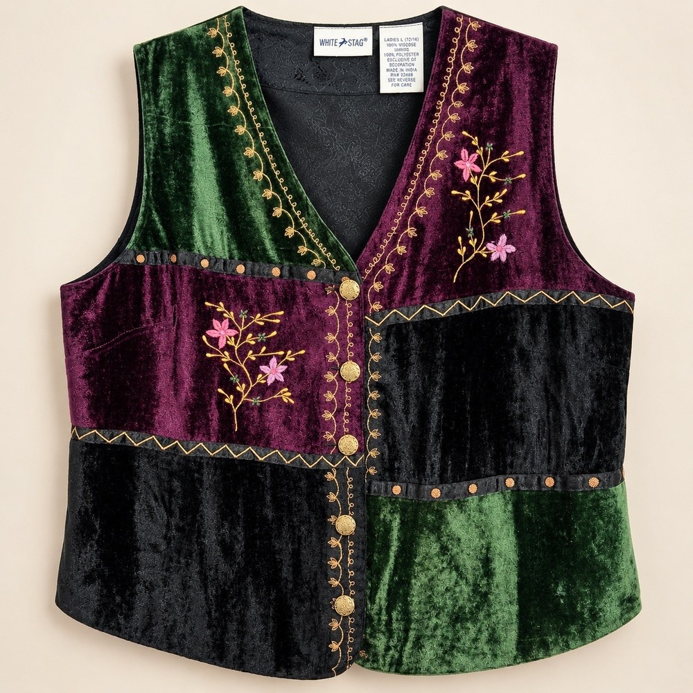 Vtg 90s Velvet Patchwork Vest Floral Embroidery L Whimsigoth Boho Fairy Grunge